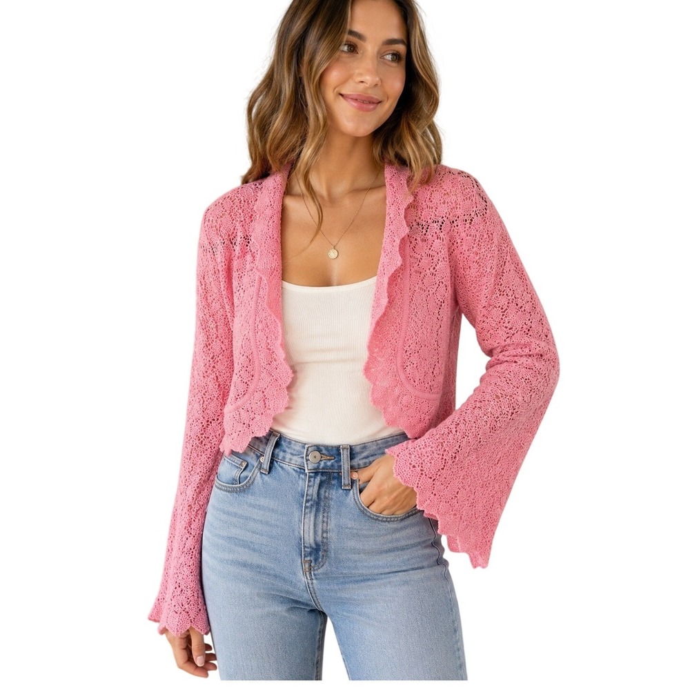 Alpaca International Pink Alpaca Knit Cardigan L/XL Made Peru Ruffle